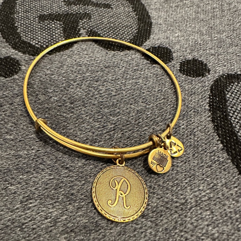 ALEX and ANI Initial R Charm Bangle bracelet in Rafaelian gold finish